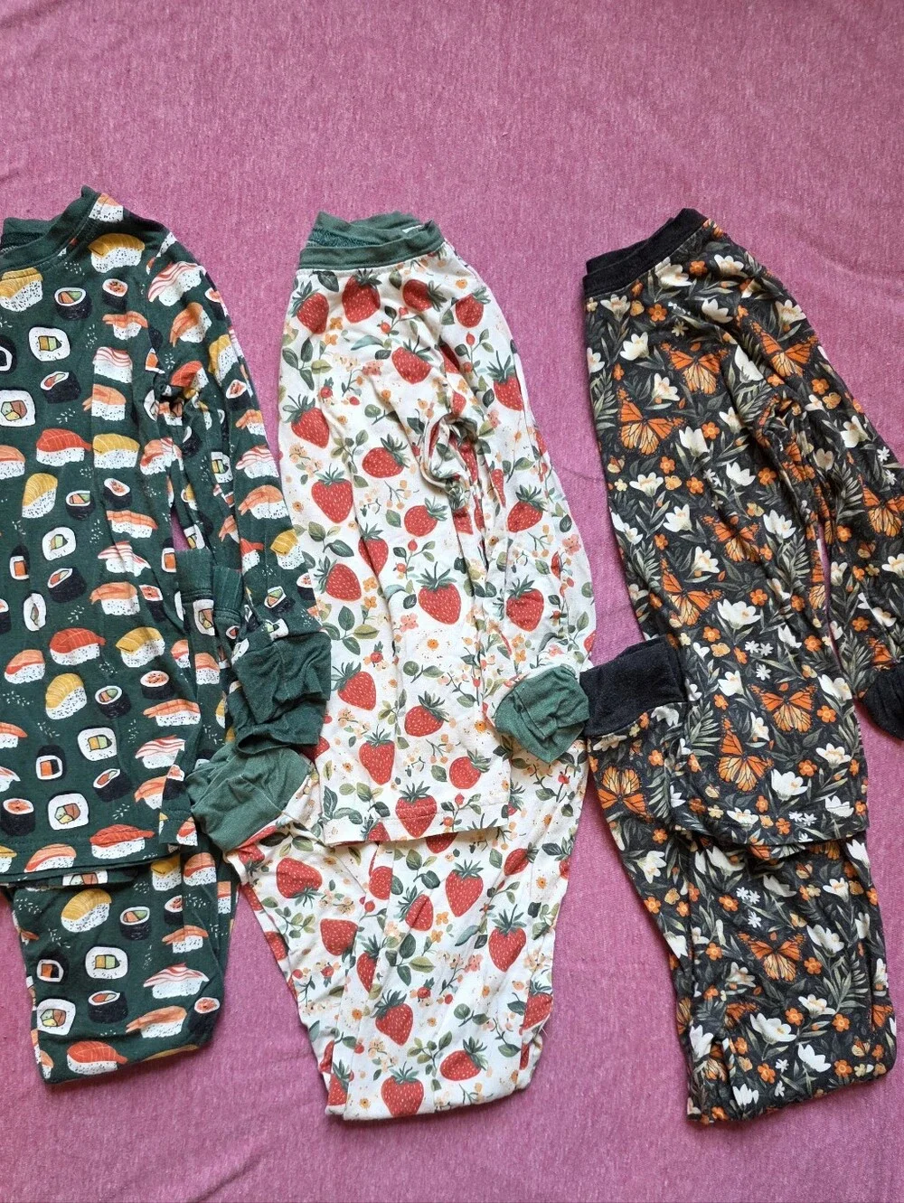 Three-Pair Patterned Pajama Set - Sushi, Strawberry, Monarch Prints